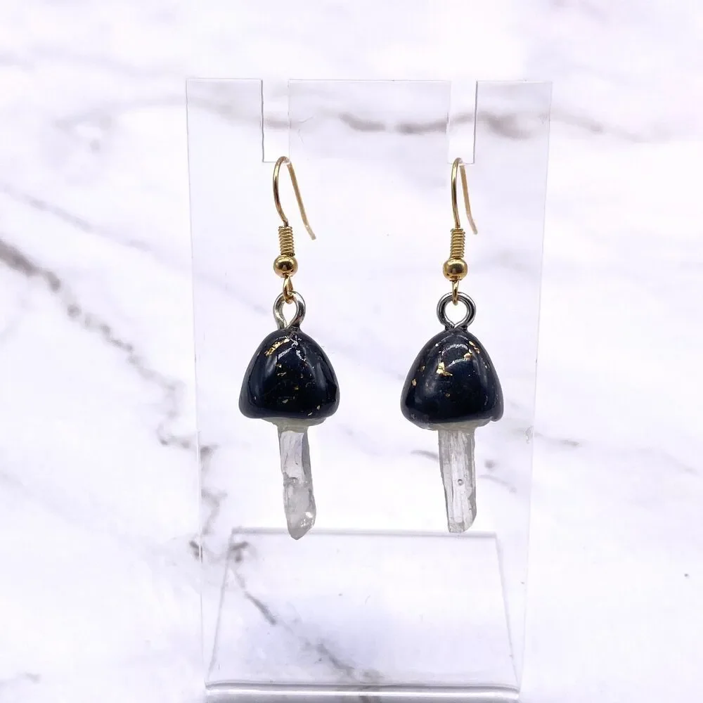 Black Mushroom Quartz Crystal Dangle wire hook polymer Clay Earrings